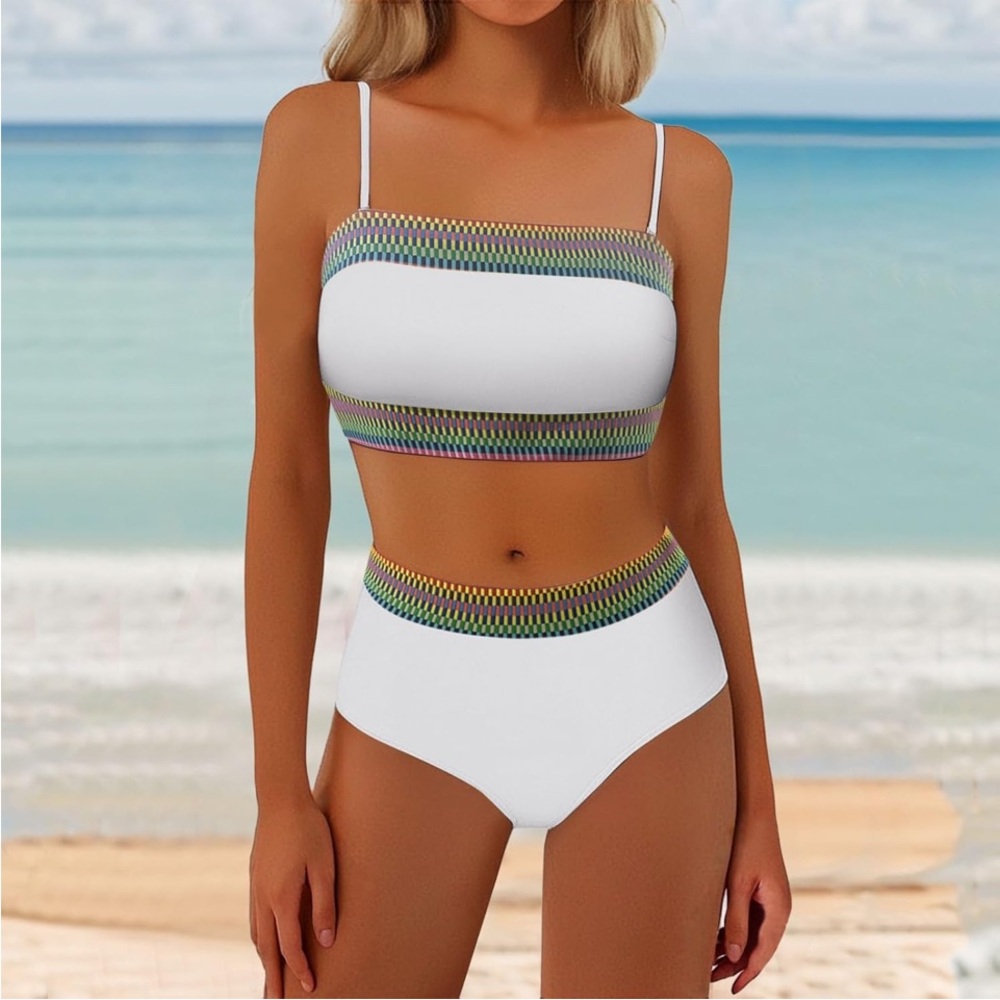 🚘 🆕 strapless White High-Waist Two-Piece Swim Set with Multicolor Trim size 2X